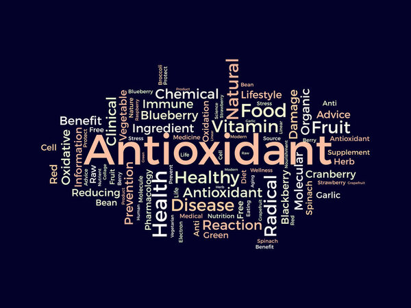 Концепция фонового словосочетания "облако слов" для антиоксидантов. Здоровое питание, натуральные фрукты для здоровья. векторная иллюстрация.