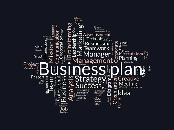Word Cloud Hintergrundkonzept Für Businessplan Marketingstrategie Brainstorming Ideenmanagement Des Projekterfolgsziels — Stockvektor