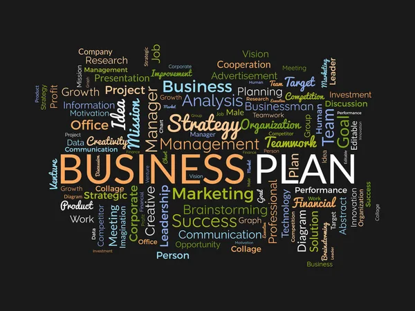 ビジネスプランのWordクラウドの背景概念 マーケティング戦略 プロジェクトの成功目標のブレーンストーミングアイデア管理 ベクターイラスト — ストックベクタ