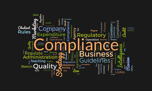 Концепция облачного фона Word для Compliance. Руководящие принципы политики бизнес-агентства по регулированию процесса качества. векторная иллюстрация.
