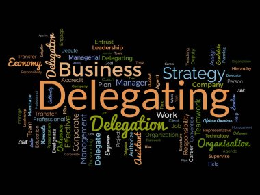 Delegasyon için kelime bulutu konsepti. İş sorumluluğu, kariyer yönetimi stratejik liderlik yaklaşımı. vektör illüstrasyonu.