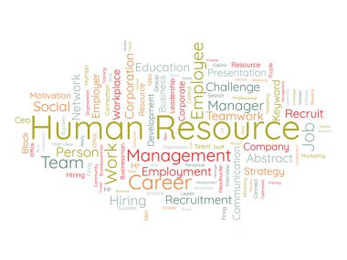 İnsan kaynakları için kelime bulutu kavramı. İş yönetimi, ekip çalışması sunumunun şirket çalışanı geliştirilmesi. vektör illüstrasyonu.