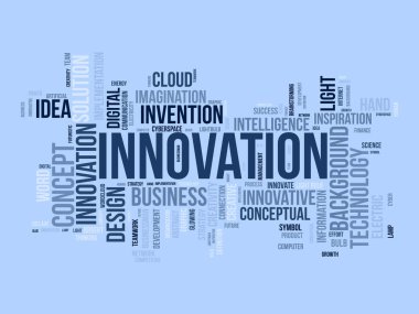 İnovasyon için kelime bulutu konsepti. Yaratıcılık konsepti, icat çözüm fikrini geliştirebilir. vektör illüstrasyonu.