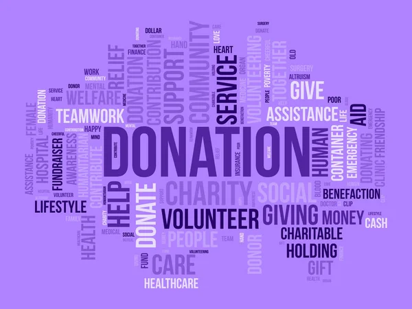 Word Cloud Hintergrundkonzept Für Donation Wohltätigkeits Unterstützung Finanzierung Beitrag Hilfe — Stockvektor