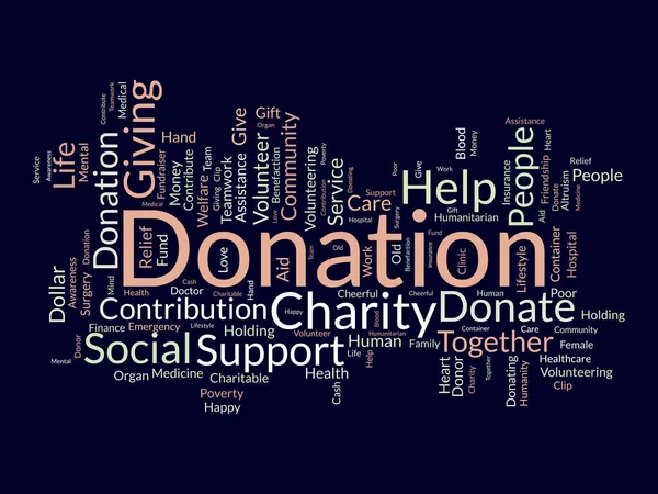 寄付のためのワードクラウドの背景概念 社会的資金集めの資金援助です ベクターイラスト — ストックベクタ