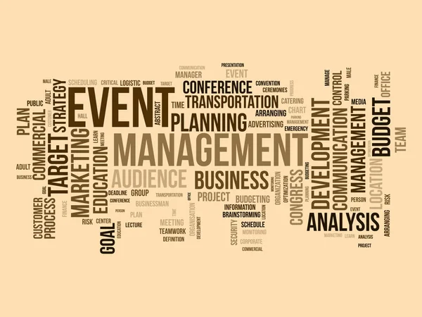 イベント管理のためのWordクラウドの背景概念 マーケティング計画 ビジネスミーティングのコミュニケーション開発 商業目標の成功の目標 ベクターイラスト — ストックベクタ