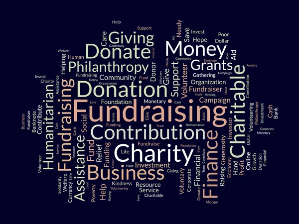 Word Cloud Achtergrond Concept Voor Fondsenwerving Liefdadigheid Financiering Filantropie Donatie — Stockvector