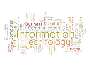 Bilgi teknolojisi için kelime bulutu kavramı. İnternet iletişim becerisi geliştirmek için bilgisayar ağı sistemi kullanımı. vektör illüstrasyonu.