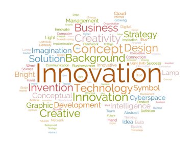 İnovasyon için kelime bulutu konsepti. Yaratıcılık konsepti, icat çözüm fikrini geliştirebilir. vektör illüstrasyonu.