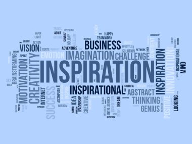 İlham için kelime bulutu konsepti. Yaratıcı yenilik, zeka hayal gücü iş vizyonu fikri. vektör illüstrasyonu.