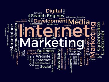 İnternet pazarlaması için kelime bulutu kavramı. İnternet reklamcılığı, seo, dijital pazarlama ve diğer dijital medya stratejileri. vektör illüstrasyonu.