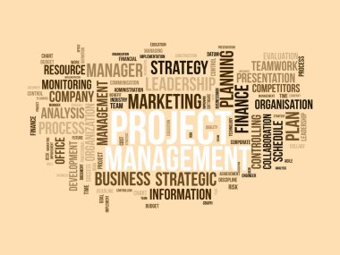 Proje yönetimi için kelime bulutu konsepti. İş grafiği yönetimi için profesyonel iş kaynağı planı. vektör illüstrasyonu.