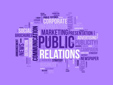 Halkla ilişkiler için kelime bulutu kavramı. İş iletişimi, şirket kampanyası ve medya pazarlaması. Promosyon stratejisi. vektör illüstrasyonu.
