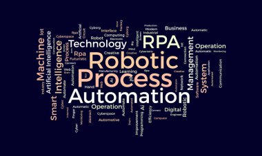 Robotik işlem otomasyonu (RPA) için kelime bulutu arkaplan kavramı. Ai otomasyon sistemi, yapay zekanın gelecekteki teknoloji makinesi. vektör illüstrasyonu.