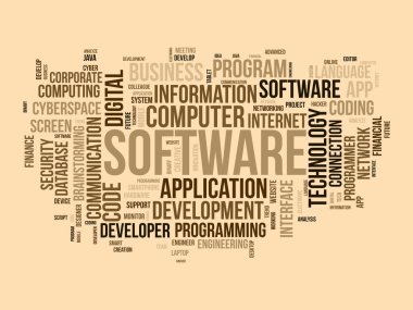 Yazılım için kelime bulutu konsepti. Bulut ağı teknolojisinin bilgisayar programlama gelişimi. vektör illüstrasyonu.