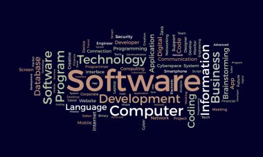 Yazılım için kelime bulutu konsepti. Bulut ağı teknolojisinin bilgisayar programlama gelişimi. vektör illüstrasyonu.