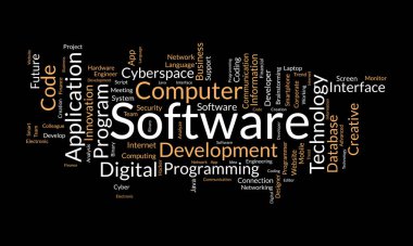 Yazılım için kelime bulutu konsepti. Bulut ağı teknolojisinin bilgisayar programlama gelişimi. vektör illüstrasyonu.