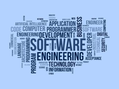 Yazılım mühendisliği için kelime bulutu kavramı. Bilgisayar programlama sistemi, uygulama yönetiminin bulut teknolojisi gelişimi. vektör illüstrasyonu.