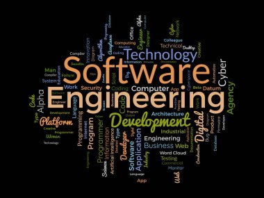 Yazılım mühendisliği için kelime bulutu kavramı. Bilgisayar programlama sistemi, uygulama yönetiminin bulut teknolojisi gelişimi. vektör illüstrasyonu.