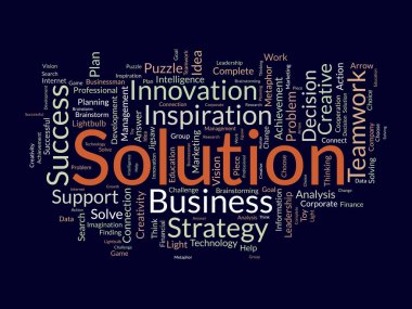 Çözüm için kelime bulutu konsepti. Planlama stratejisi, yaratıcılık çözümü ve gelişimi, ilham liderliği, yeni fikirlerin yeniliği. vektör illüstrasyonu.