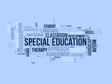 Özel eğitim için kelime bulutu konsepti. Engelli gelişimi, gelişim planının özel çocuk davranışı. vektör illüstrasyonu.