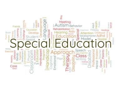 Özel eğitim için kelime bulutu konsepti. Engelli gelişimi, gelişim planının özel çocuk davranışı. vektör illüstrasyonu.