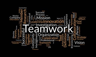 Takım çalışması için kelime bulutu kavramı. Liderlik başarısı ortaklığıyla birlikte iş başarısı. Vektör illüstrasyonu.