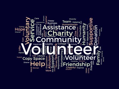 Gönüllüler için kelime bulutu kavramı. Bağış desteği, toplum yardımı, insani yardım hizmeti. vektör illüstrasyonu.
