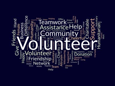 Gönüllüler için kelime bulutu kavramı. Bağış desteği, toplum yardımı, insani yardım hizmeti. vektör illüstrasyonu.