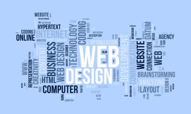 Web tasarımı için kelime bulutu konsepti. Web sitesi optimizasyonu sayfa sıralama kavramı ile. vektör illüstrasyonu.