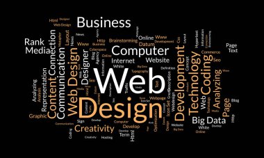 Web tasarımı için kelime bulutu konsepti. Web sitesi optimizasyonu sayfa sıralama kavramı ile. vektör illüstrasyonu.