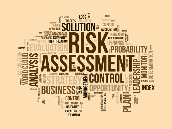 Концепция фонового словосочетания для оценки рисков. Облако финансирует стратегический план управления бизнесом с целью получения прибыли или убытков. Векторная иллюстрация.