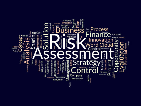 Концепция фонового словосочетания для оценки рисков. Облако финансирует стратегический план управления бизнесом с целью получения прибыли или убытков. Векторная иллюстрация.