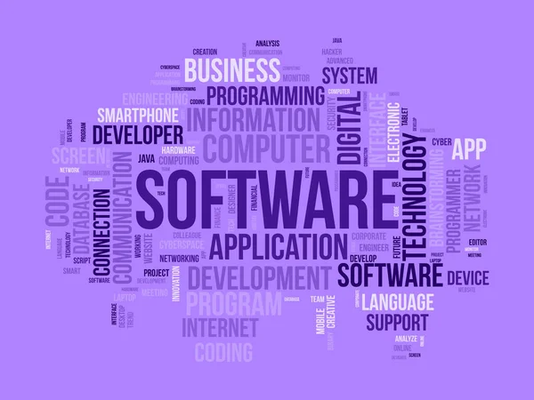 Concepto Fondo Nube Palabras Para Software Desarrollo Programación Informática Tecnología — Archivo Imágenes Vectoriales