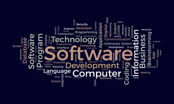 ソフトウェアのためのワードクラウドの背景コンセプト クラウドネットワーク技術のコンピュータプログラミング開発 ベクトルイラスト — ストックベクタ
