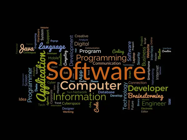 ソフトウェアのためのワードクラウドの背景コンセプト クラウドネットワーク技術のコンピュータプログラミング開発 ベクトルイラスト — ストックベクタ