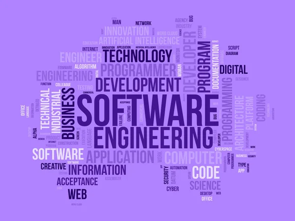 ソフトウェアエンジニアリングのためのWordクラウドの背景概念 コンピュータ プログラミング システムアプリケーション管理のクラウド技術開発 ベクターイラスト — ストックベクタ