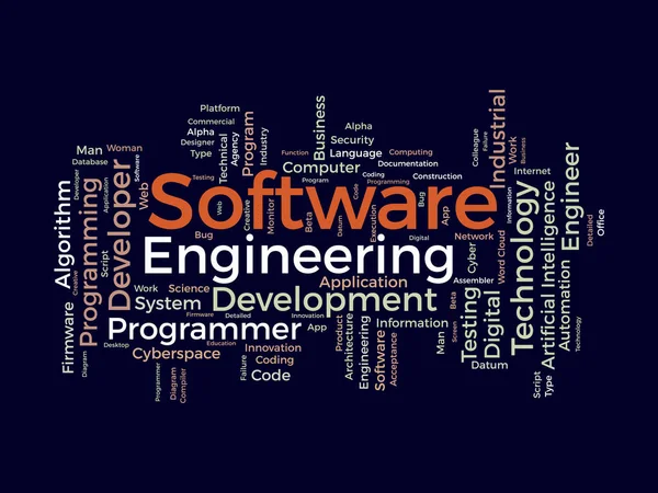 ソフトウェアエンジニアリングのためのWordクラウドの背景概念 コンピュータ プログラミング システムアプリケーション管理のクラウド技術開発 ベクターイラスト — ストックベクタ