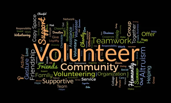 Word Cloud Hintergrundkonzept Für Freiwillige Wohltätigkeitsarbeit Gemeinnützige Arbeit Betreuung Humanitärer — Stockvektor