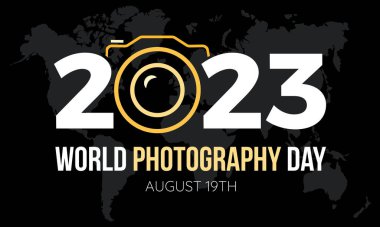 2023 Dünya Fotoğraf Günü vektör tasarımı illüstrasyonu kavramı. kamera, lens, film, medya veya gezgin için dünya fotoğrafçılık kavramı