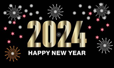 Yeni Yıl Arifesi 2024 Havai fişekler, şampanya ve şenlikli eğlence ile geri sayım ve parti konsepti. Tatil tebrik kartı, arkaplan, pankart, kart, poster tasarımı.