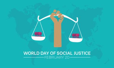 Dünya Sosyal Adalet Günü her yıl 20 Şubat 'ta, Vektör bayrağı, broşürü, posteri ve sosyal medya şablonu tasarımını kutladı.