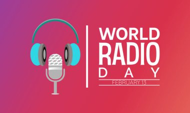 Dünya Radyo Günü her yıl 13 Şubat 'ta kutlanır. Vektör pankartı, el ilanı, poster ve sosyal ortam şablonu tasarımı.