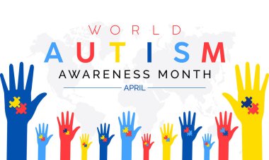 Ulusal Otizm Farkındalık Ayı Nisan ayında her yıl gözlemlenmiştir, Vektör afişi, el ilanı, poster ve sosyal medyal şablon tasarımı.