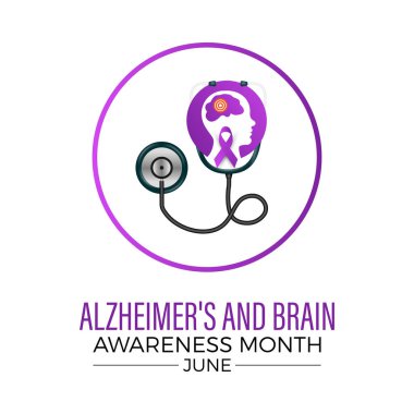 Alzheimer ve Beyin Bilinci bir aylık sağlık farkındalığı taşıyıcı illüstrasyonu. Afiş, kart, arkaplan için hastalık önleme vektör şablonu.