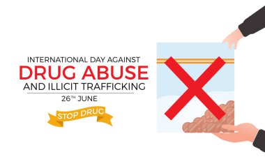 Uyuşturucu bağımlılığına karşı uluslararası gün iyi yaşam farkındalığı taşıyıcı illüstrasyonuna karşı. Pankart, arkaplan ve arkaplan için tehlikeli bağımlılık önleme vektör şablonu.