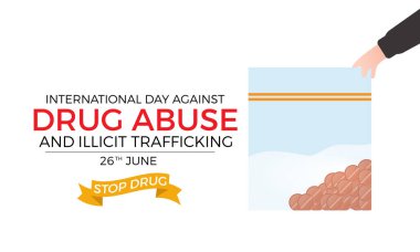 Uyuşturucu bağımlılığına karşı uluslararası gün iyi yaşam farkındalığı taşıyıcı illüstrasyonuna karşı. Pankart, arkaplan ve arkaplan için tehlikeli bağımlılık önleme vektör şablonu.