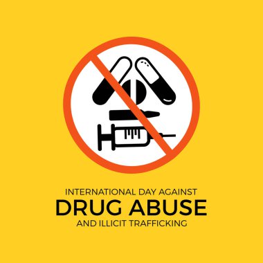 Uyuşturucu bağımlılığına karşı uluslararası gün iyi yaşam farkındalığı taşıyıcı illüstrasyonuna karşı. Pankart, arkaplan ve arkaplan için tehlikeli bağımlılık önleme vektör şablonu.