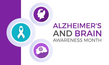 Alzheimer ve Beyin Bilinci bir aylık sağlık farkındalığı taşıyıcı illüstrasyonu. Afiş, kart, arkaplan için hastalık önleme vektör şablonu.