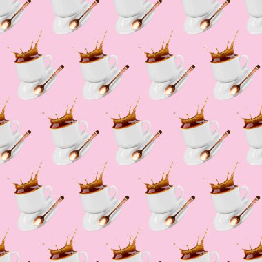 Beyaz arka planda kusursuz desenler, düşen kahve fincanı, kahve fincanı, kahvehane afişi..